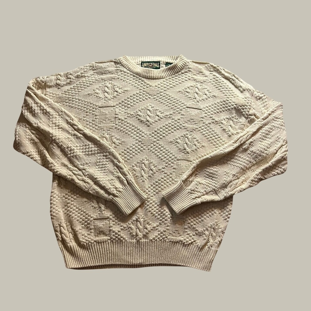 Vintage American Eagle Outfitters Cream Cable Knit Sweater Mens XL Ramie Cotton